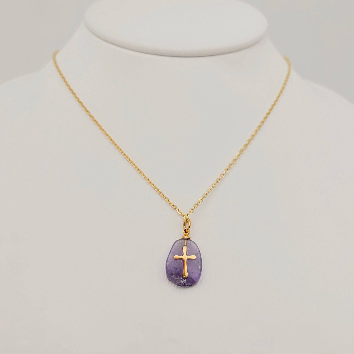 Natural Stone Stainless Steel Cross Pendant Necklace