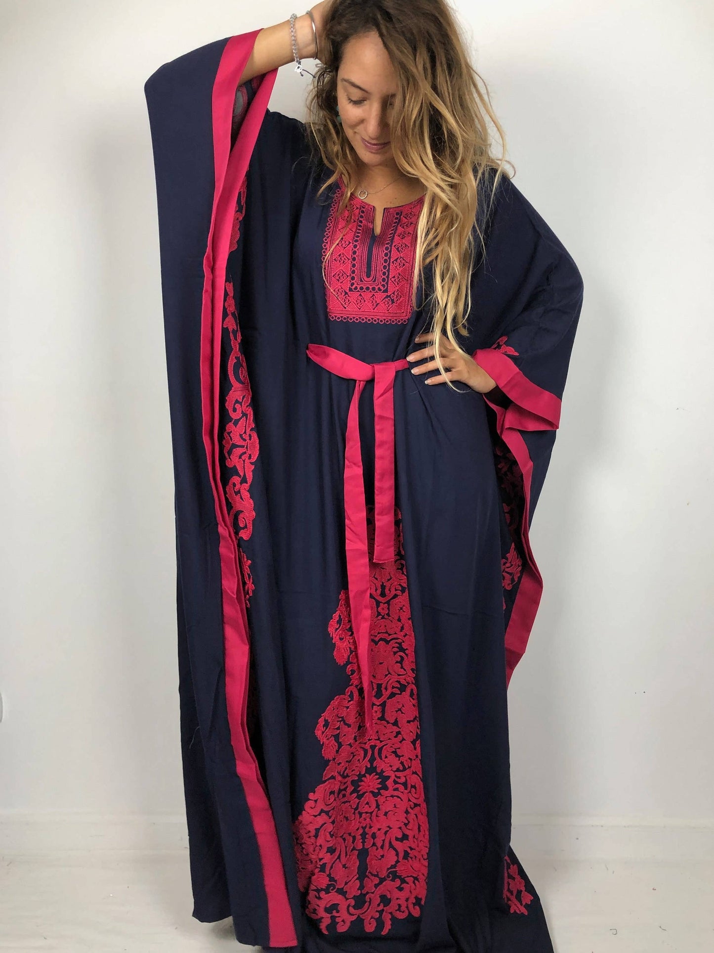 Elegant Navy Blue Butterfly Embroidered Plus Size Kaftan