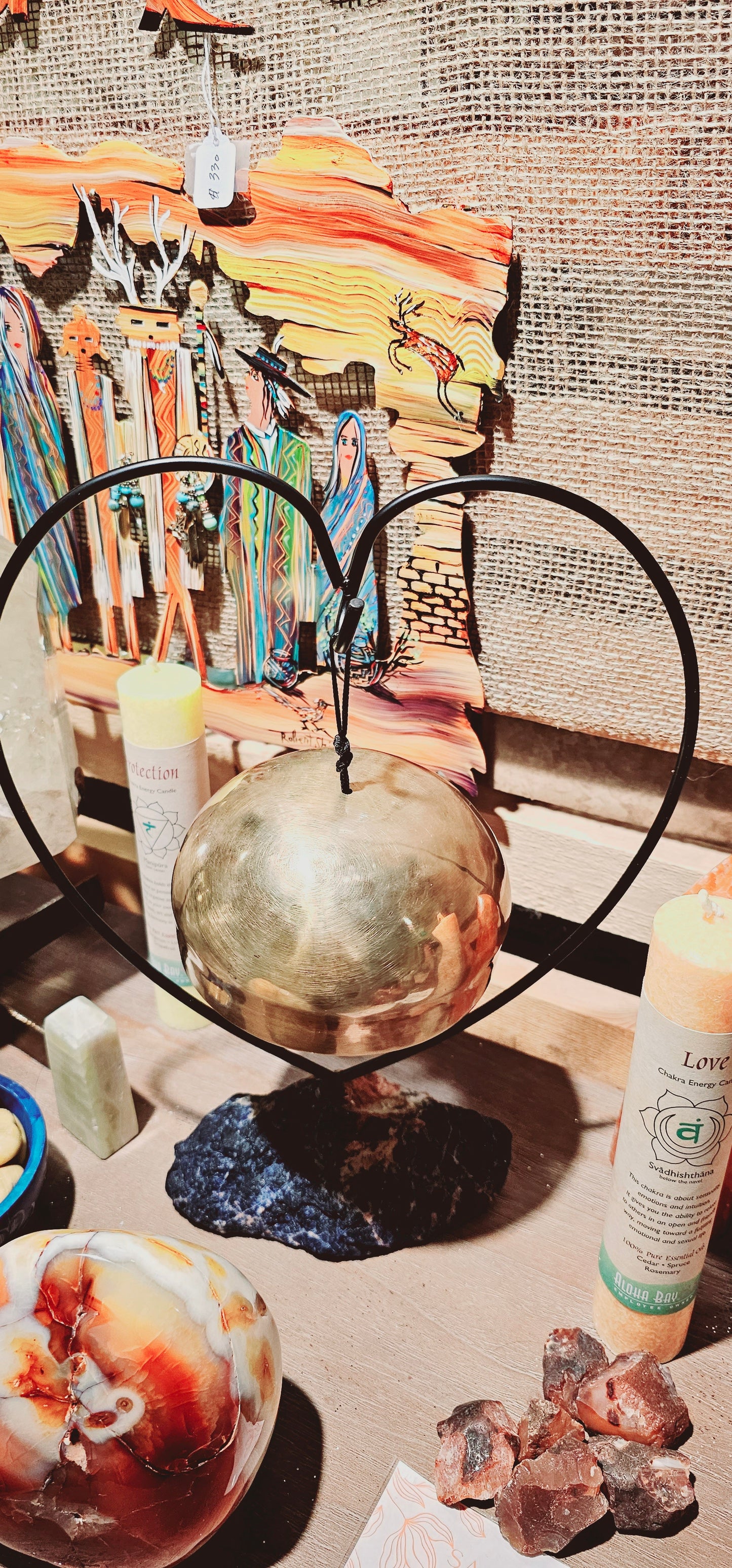 Hanging Bowl on Stone Base with Carved Wood Mallet