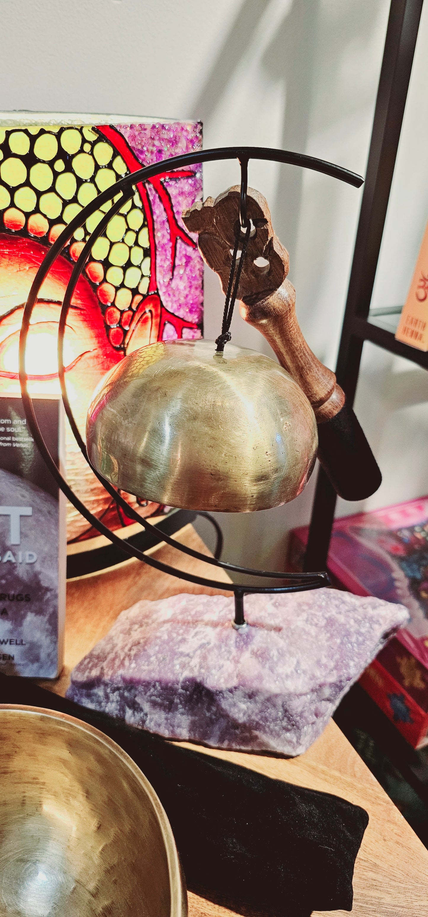 Hanging Bowl on Stone Base with Carved Wood Mallet