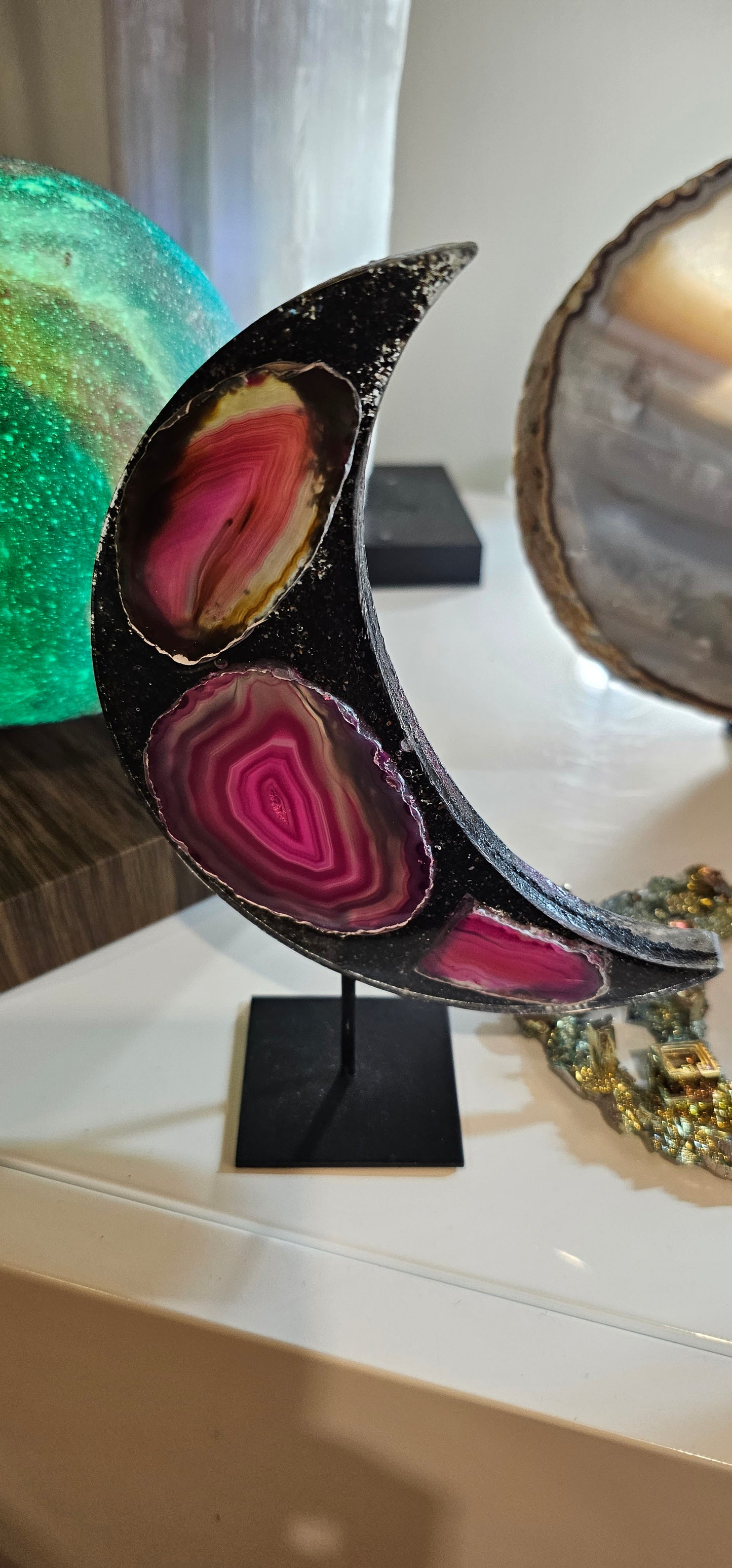 Agate in a Moon shape or Butterfly shape-encased in resin on stand