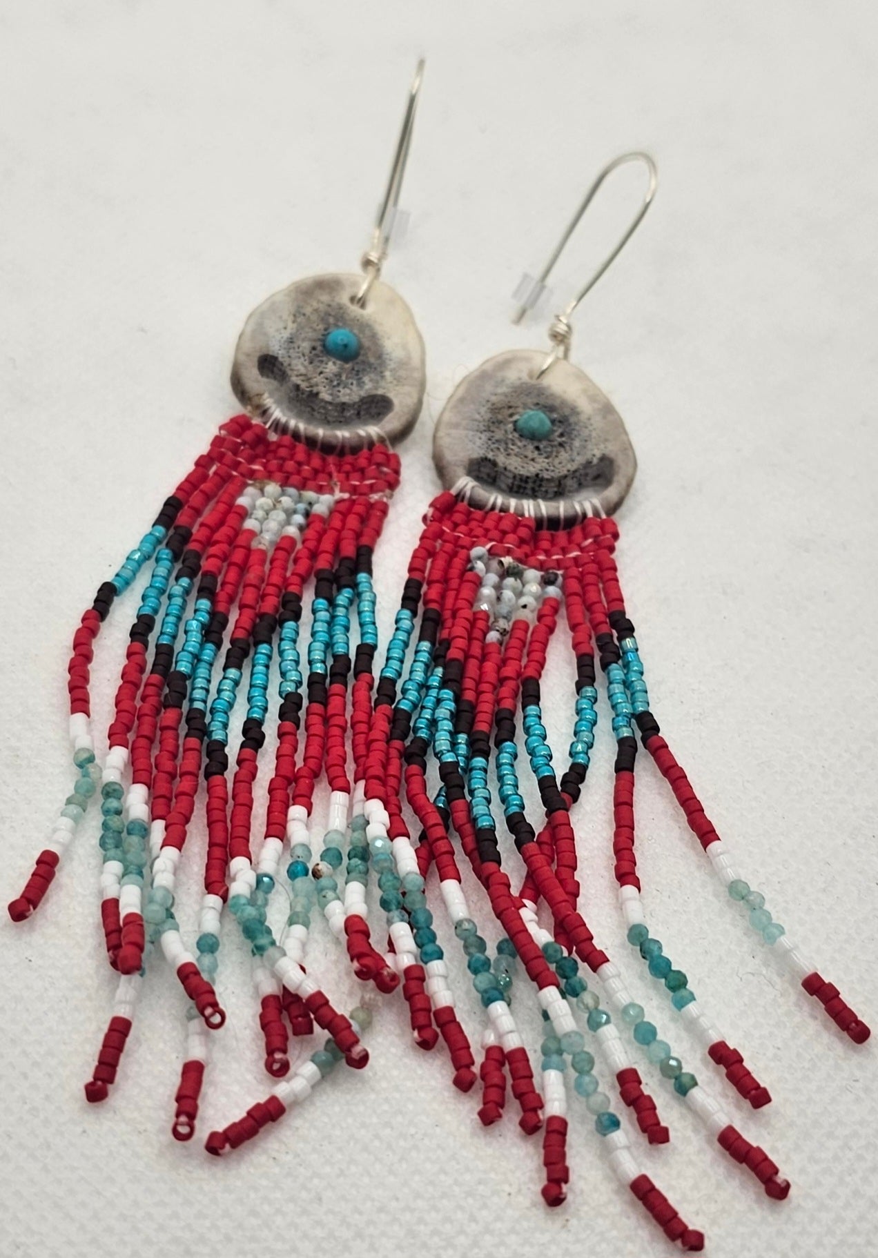 Beaded Fridge and Bone with Turquoise Earrings- Made in Montana