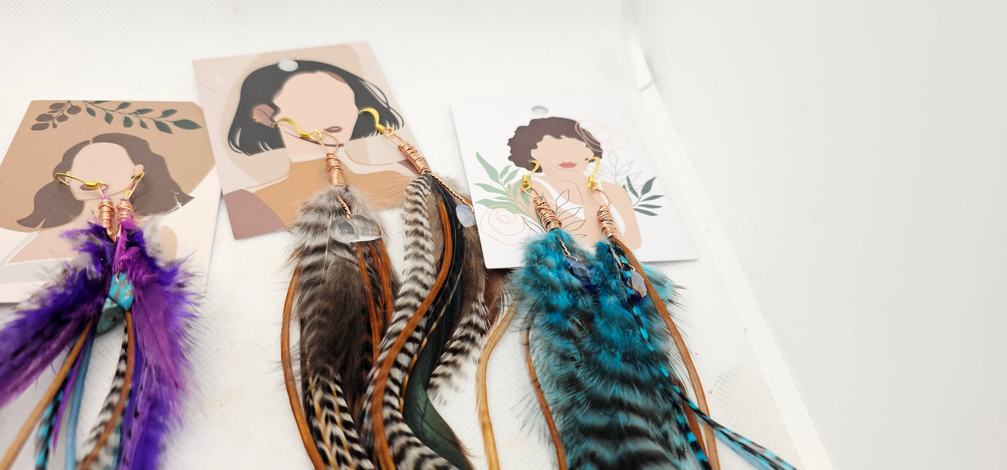 Feather Earrings with Copper & Stone