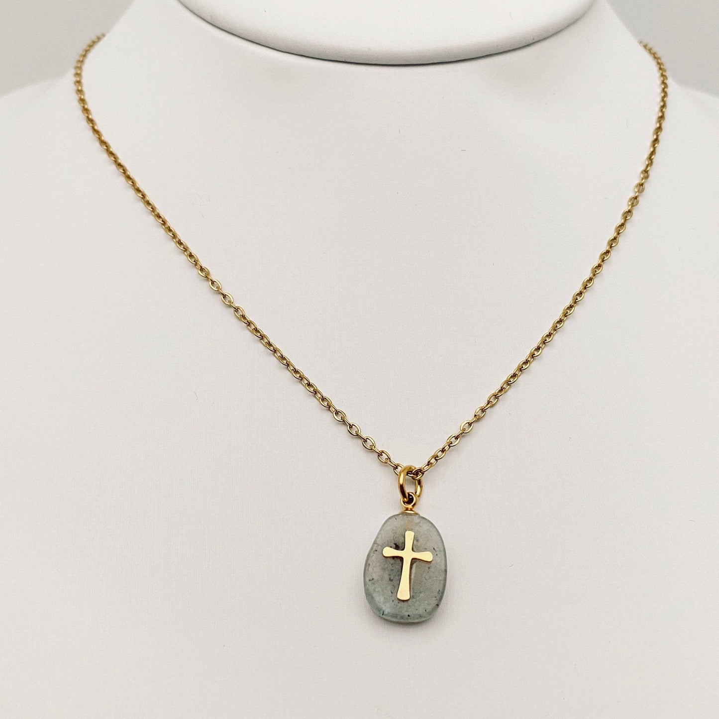 Natural Stone Stainless Steel Cross Pendant Necklace