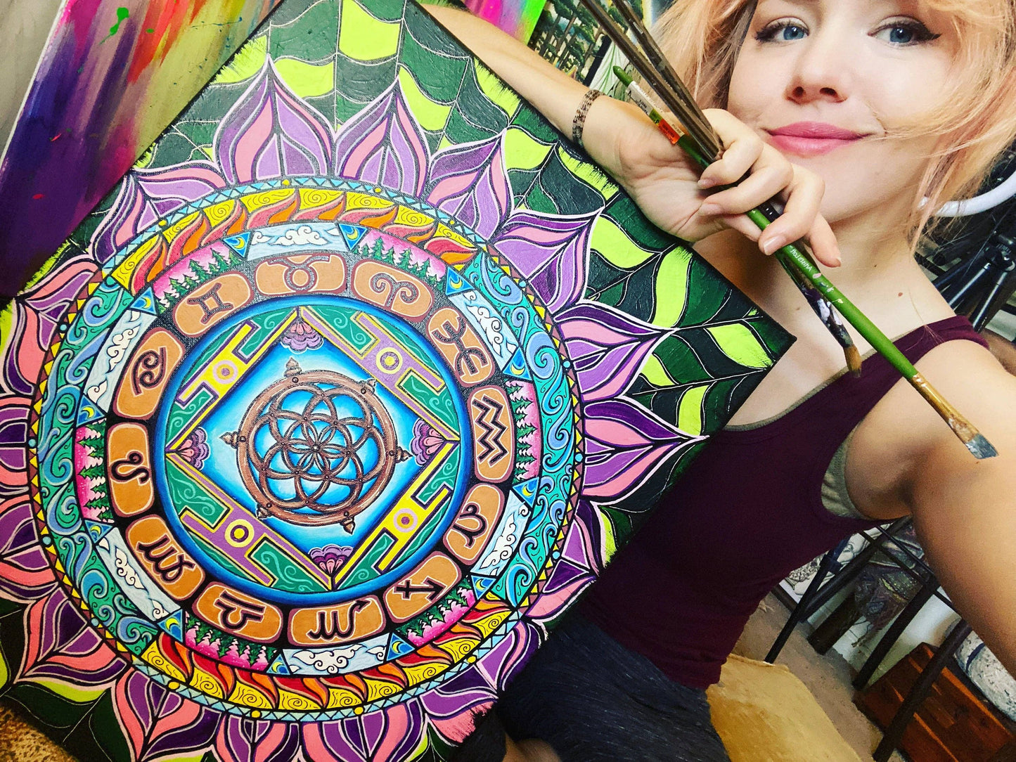 Zodiac Bamboo Parasol UV Blacklight Reactive Umbrella or Non Blacklight