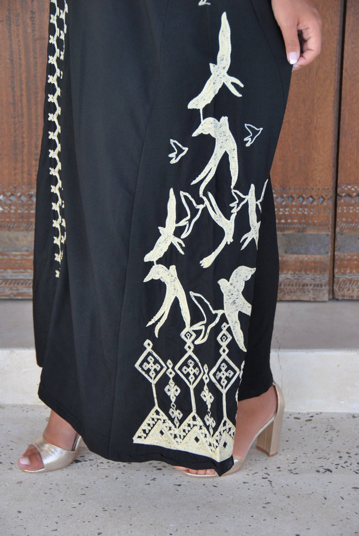 Black Flock of Birds Embroidered Caftan, Caftans for Women: 2X