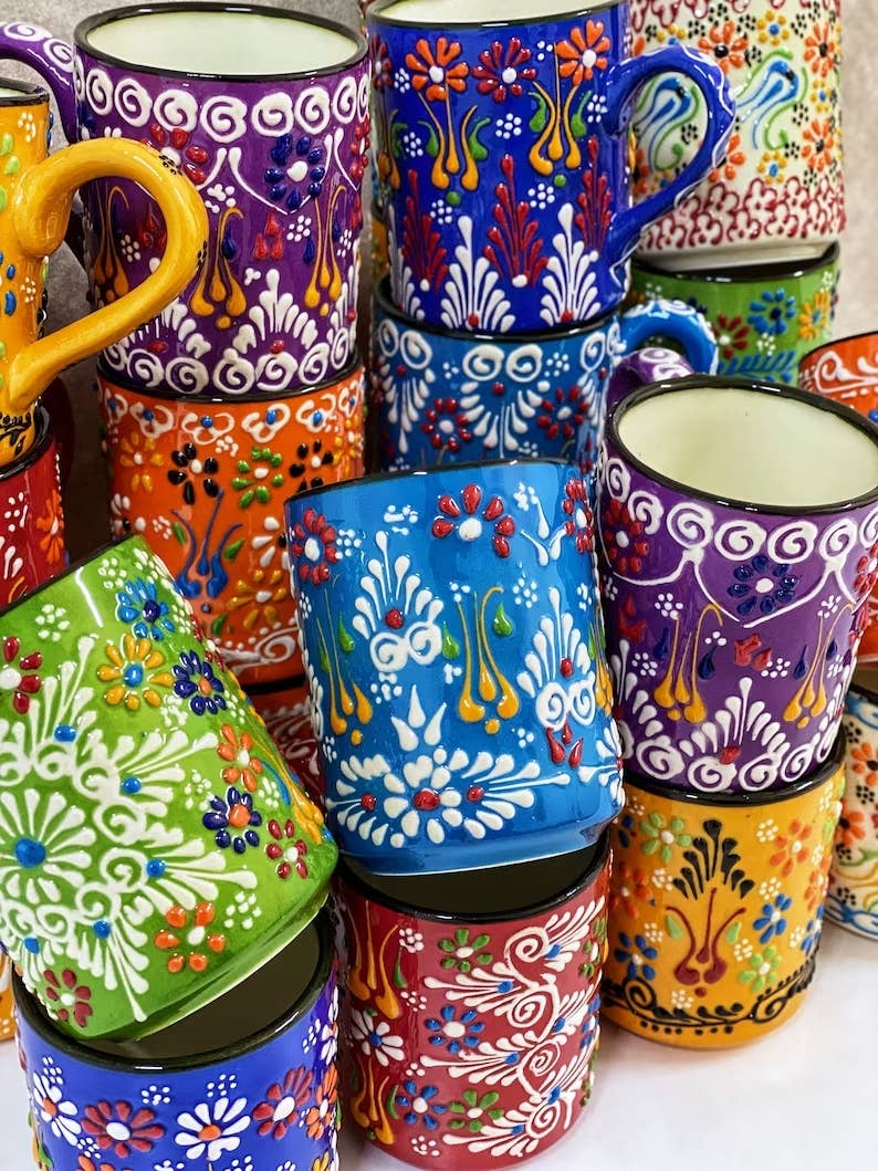 Colorful Handmade Ceramic Turkish Mugs - 20 Pcs Assorted