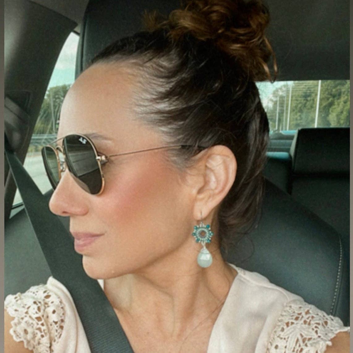 Chilled aqua gemstone rectangle one statement earrings