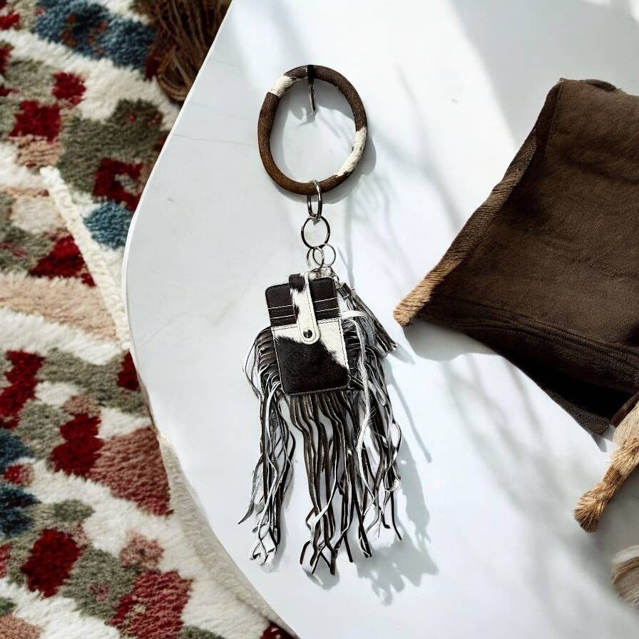 Brown cowhide fringe card holder wristlet