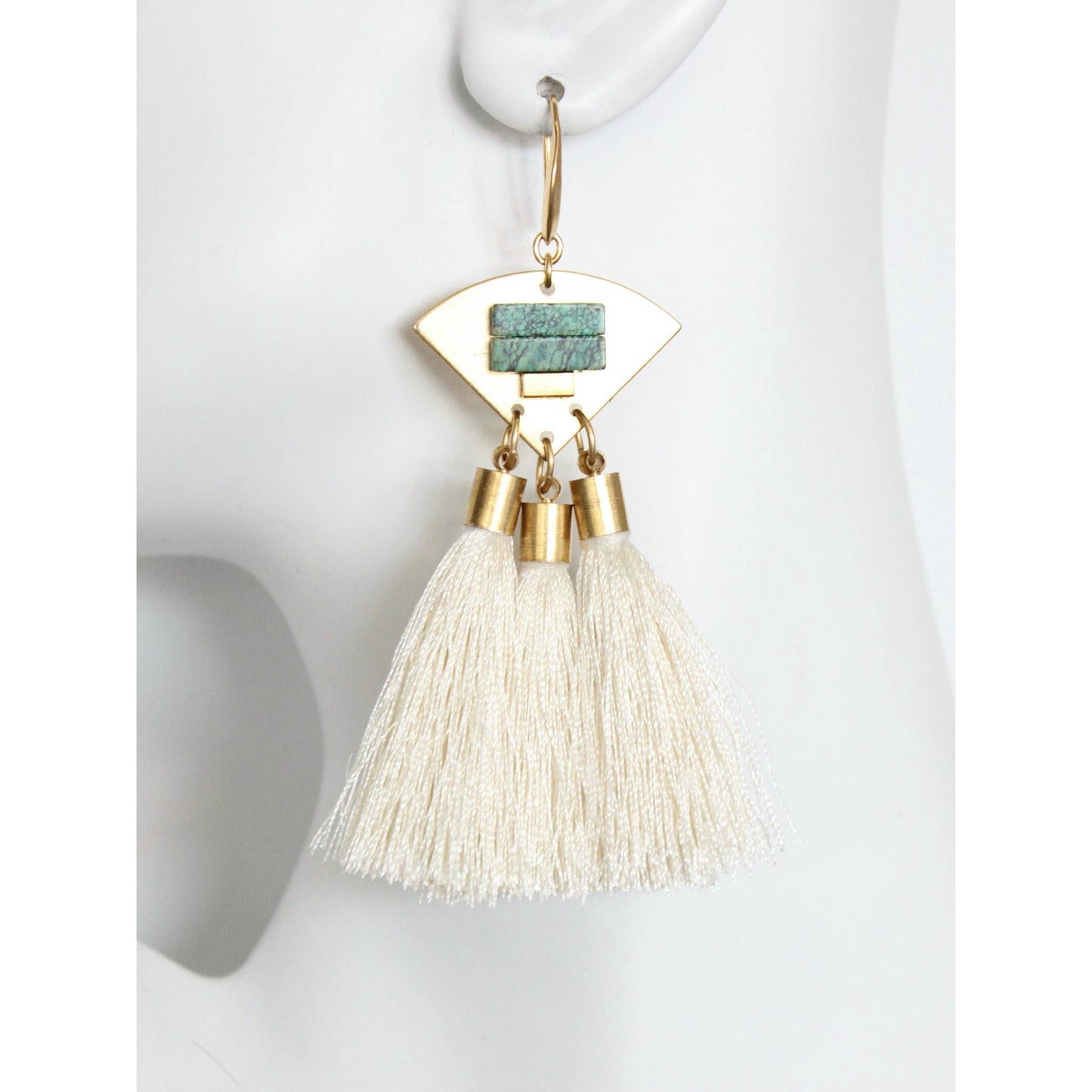 Turquoise stone and white silk tassel earrings
