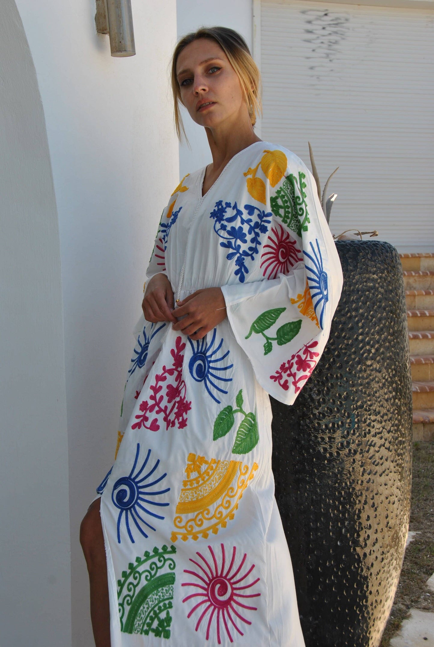 Colorful White Embroidered Ocean Caftan
