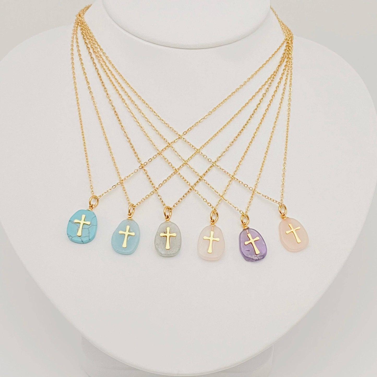 Natural Stone Stainless Steel Cross Pendant Necklace