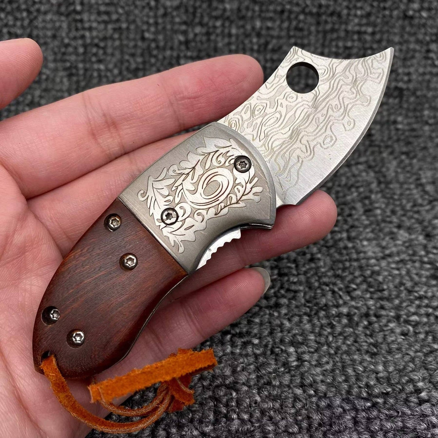 Wooden Handle Patterned Stainless Steel Foldable Knife