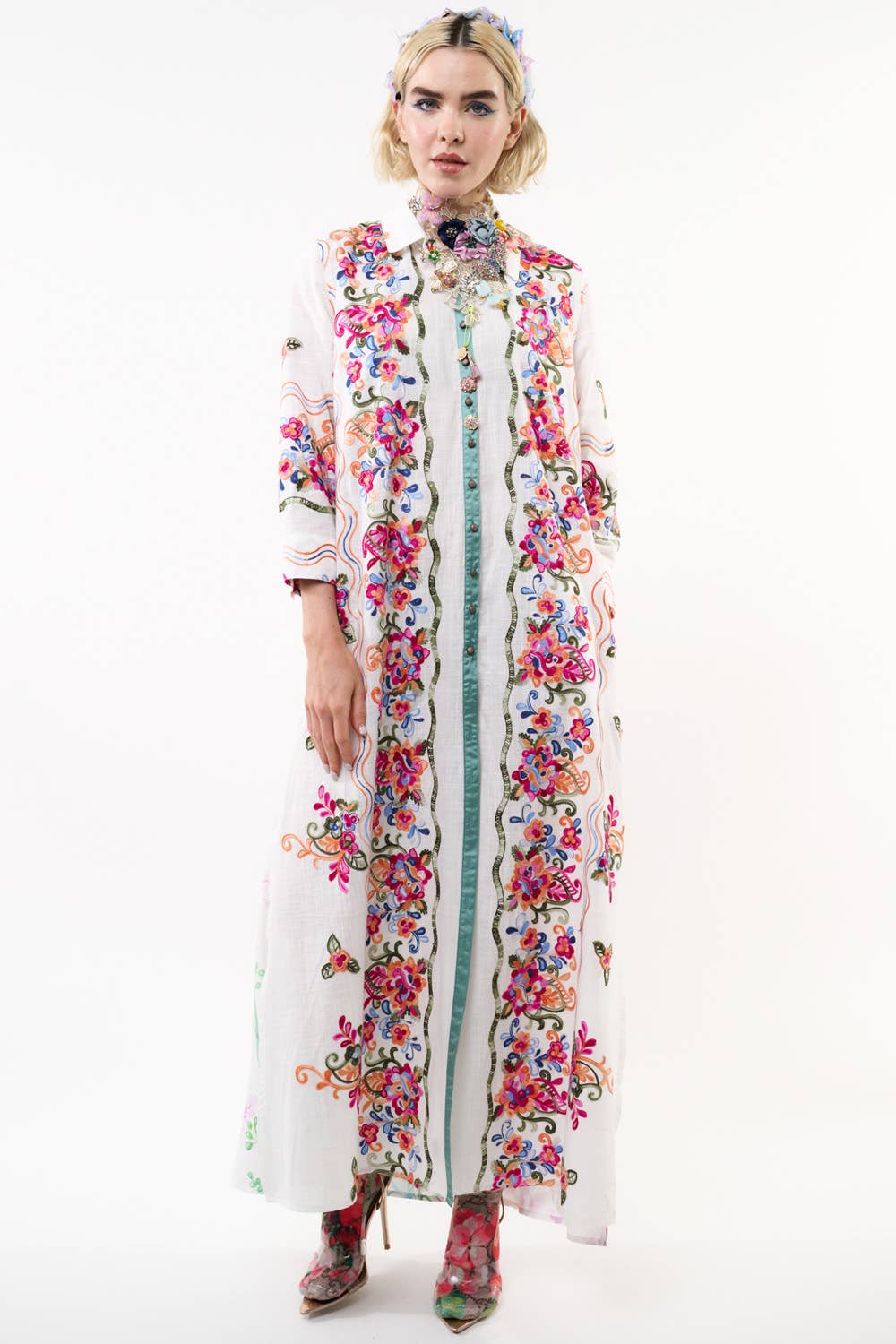 Beauty Mark Embroidered Maxi Duster / Shirt Dress : White /
