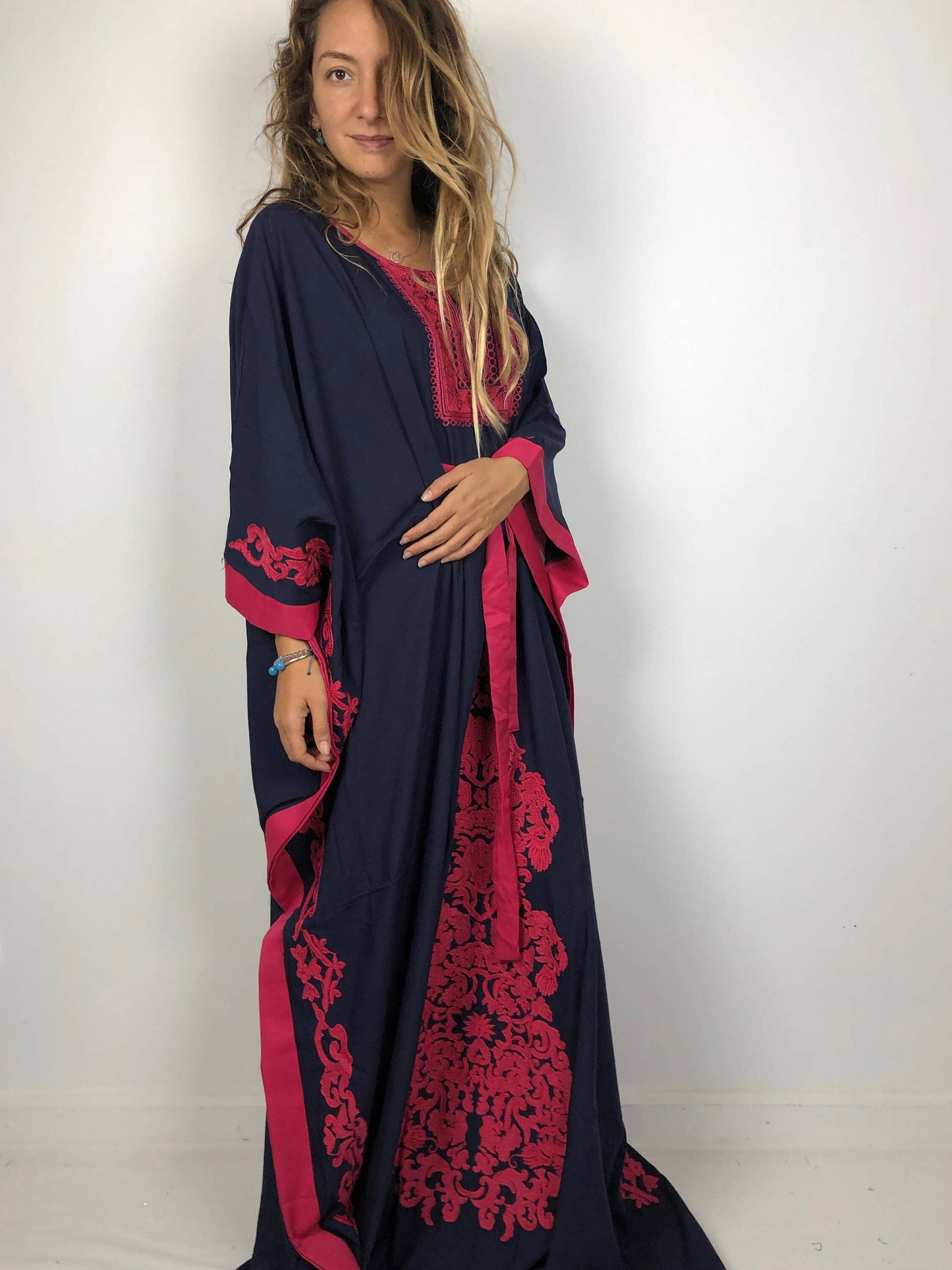 Elegant Navy Blue Butterfly Embroidered Plus Size Kaftan