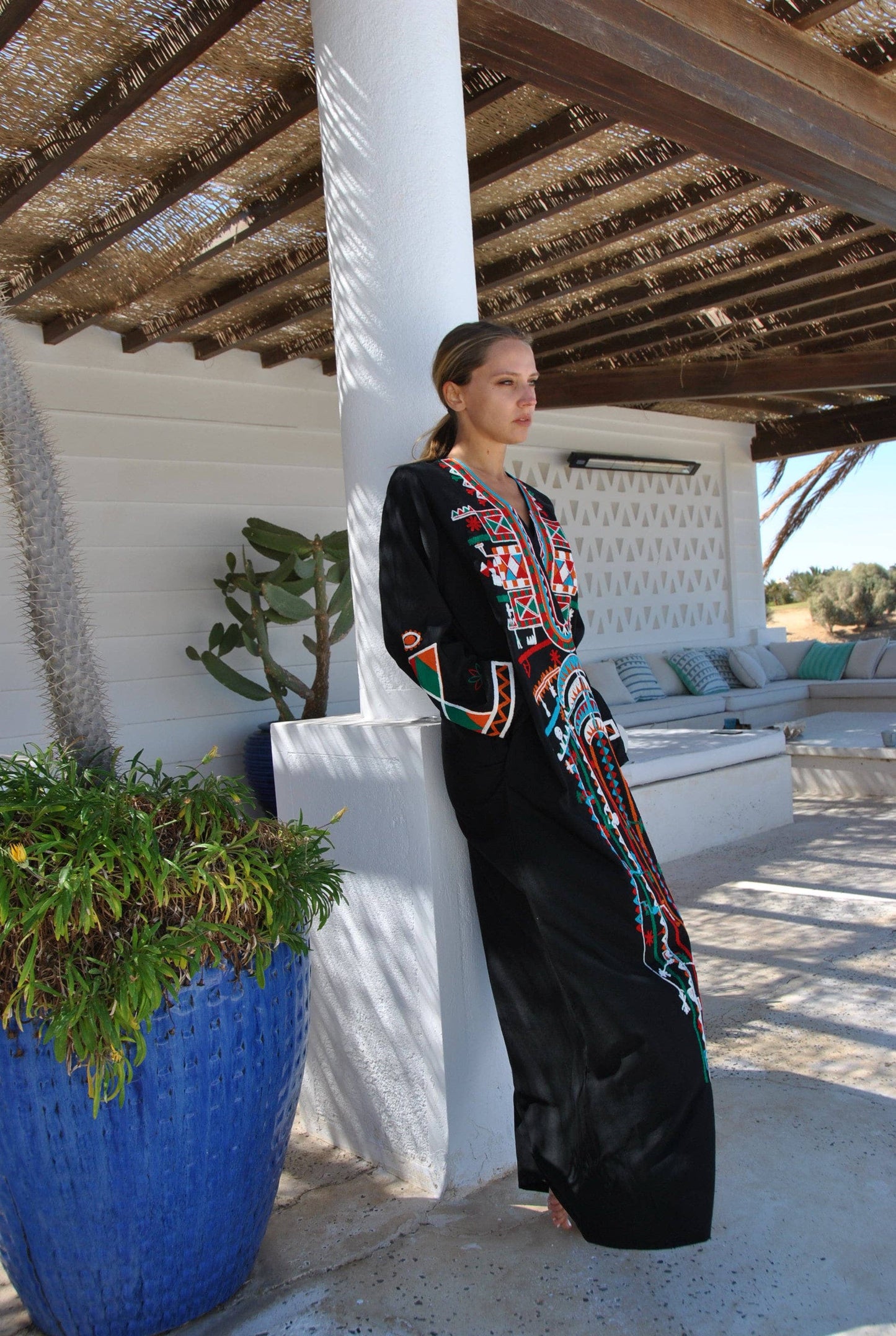 Siwa Black Embroidered Cotton Caftan with Pocket