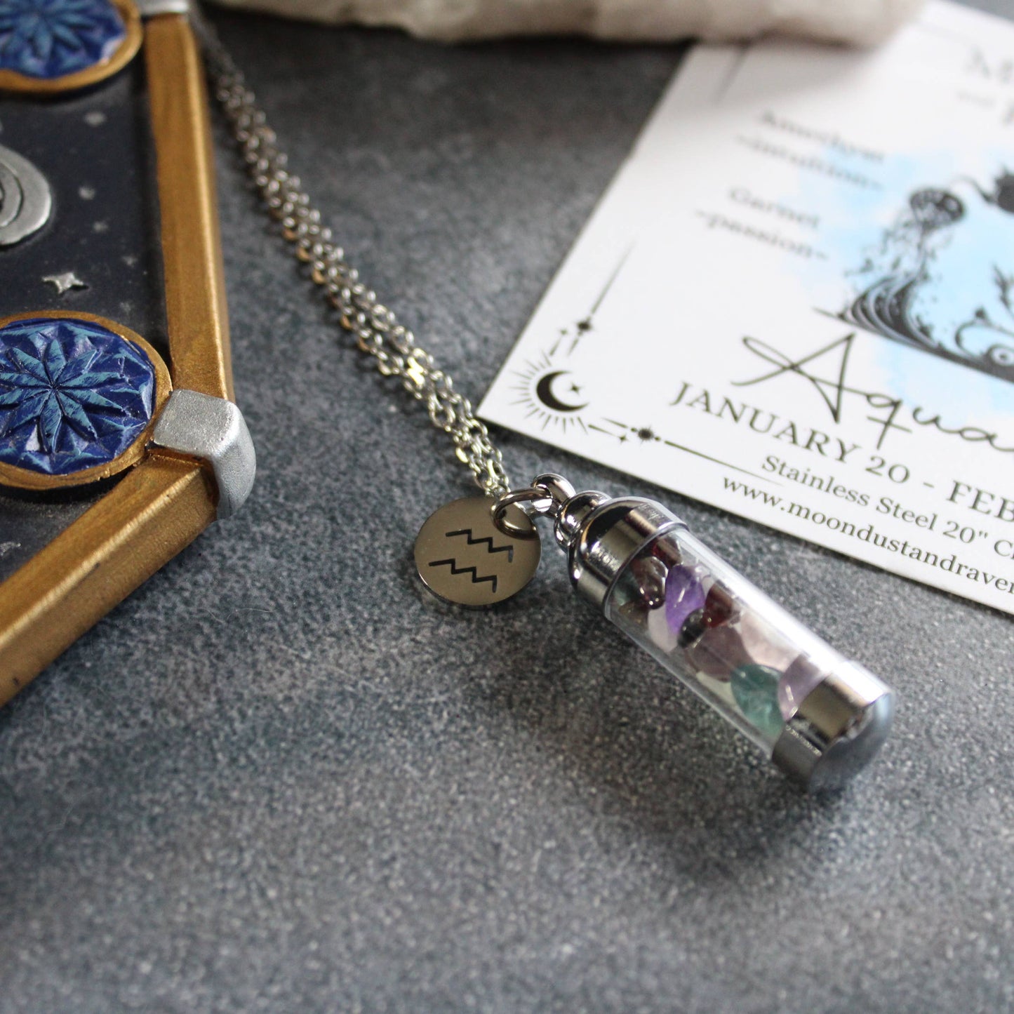 Aquarius Crystal Vial Necklace, Zodiac Astrology Witchy Gift
