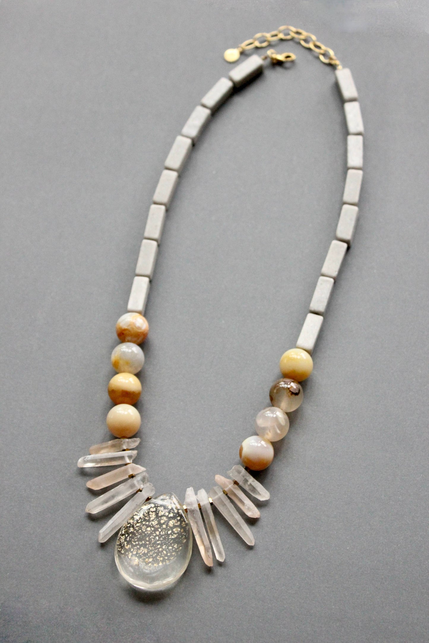 Quartz and yellow agate pendant necklace