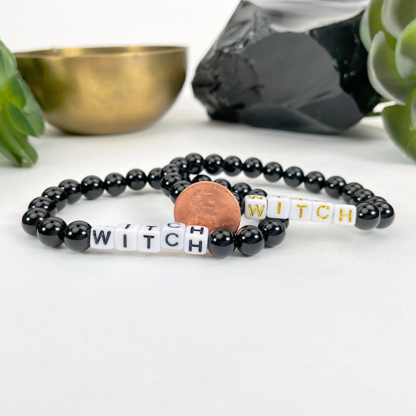 Black Obsidian Beaded Bracelet with "WITCH" Letter Beads - B: C- Black Bead Gold Lettering