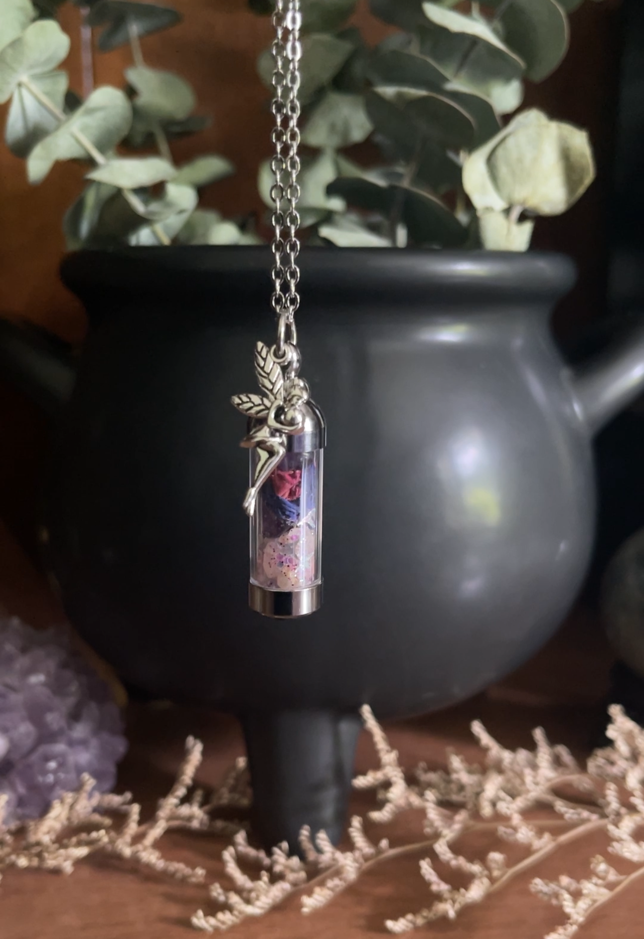 Fairy Dust Spell Jar Amulet Necklace, Witchy Crystal Jewelry