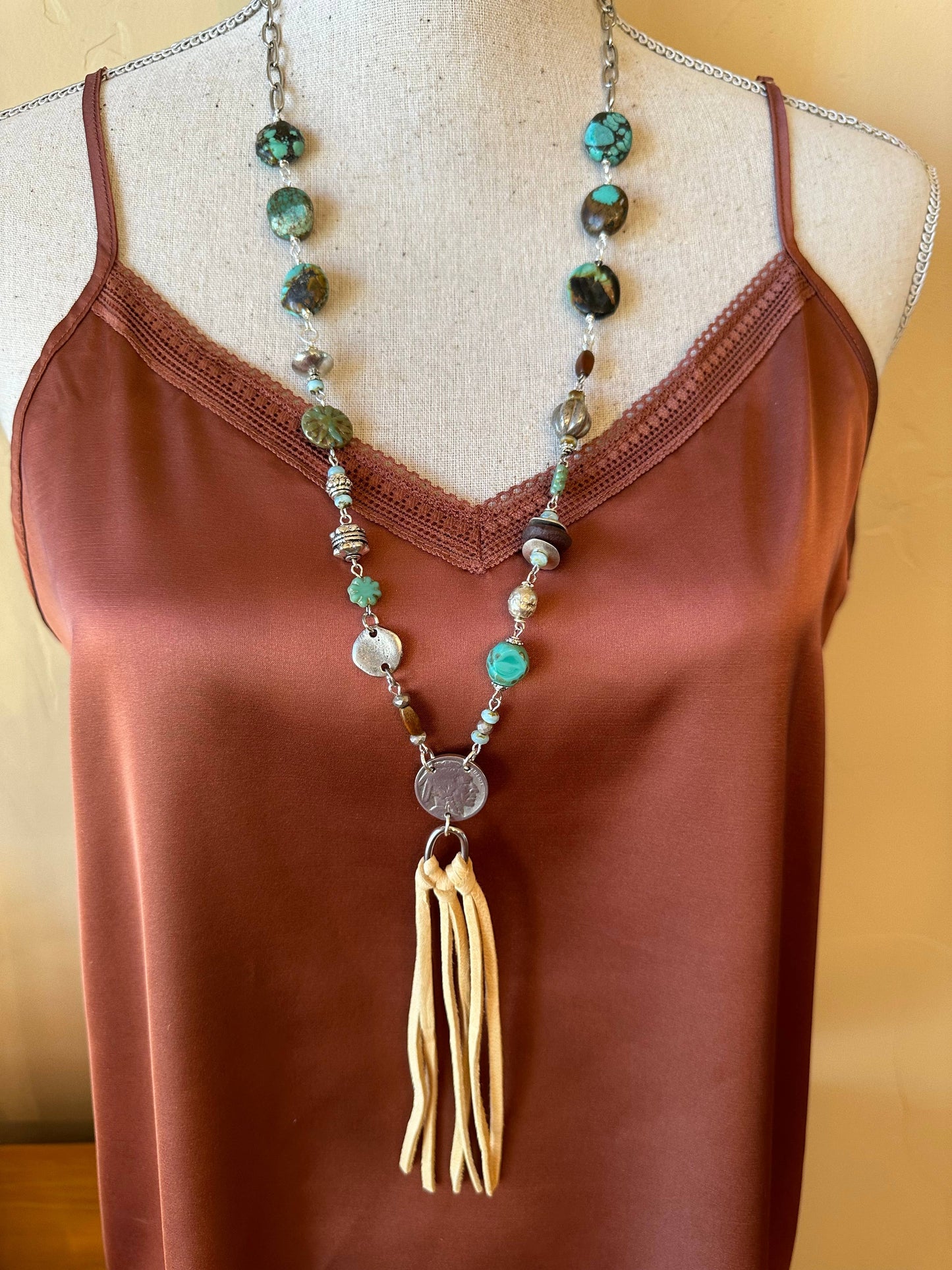 Pueblo Sequence Buffalo Nickel, Leather Tassel Necklace: Chocolate Brown