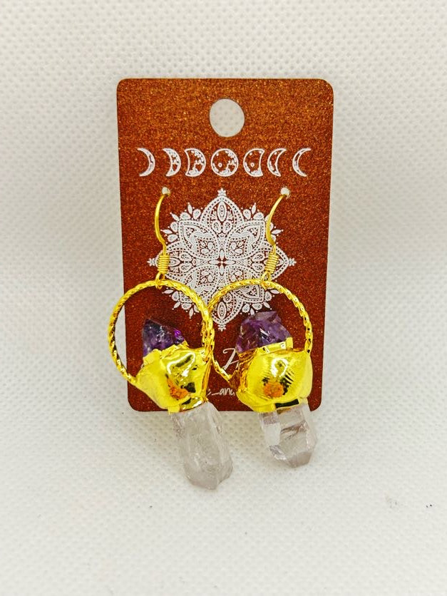 Amethyst with Quartz Point Earrings Gold
