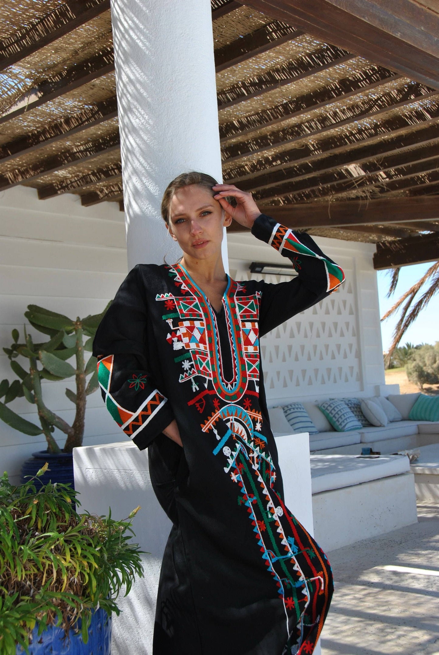 Siwa Black Embroidered Cotton Caftan with Pocket