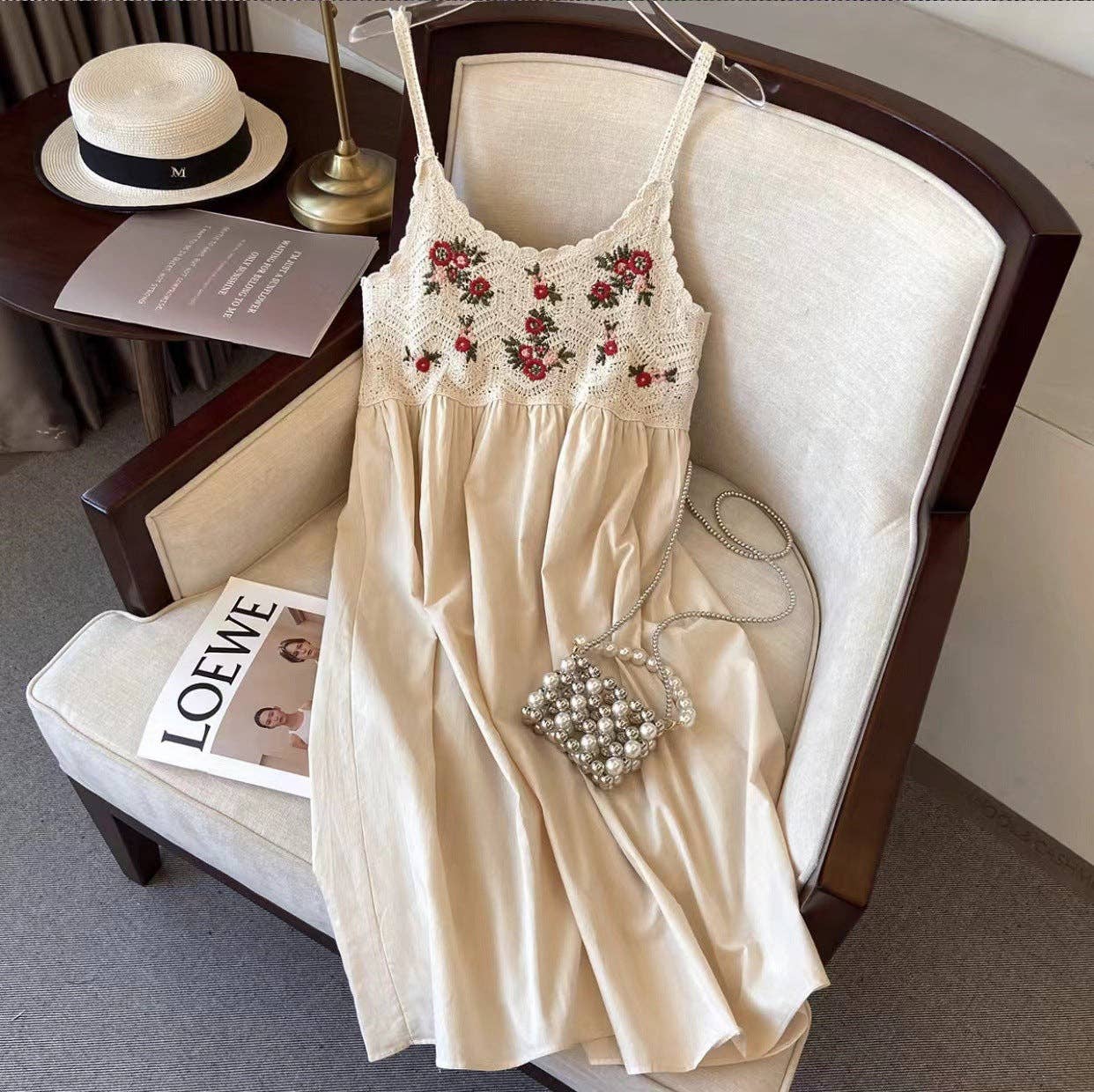 Crosa - Crochet Lace Spaghetti Strap Dress: WHITE / AVERAGE