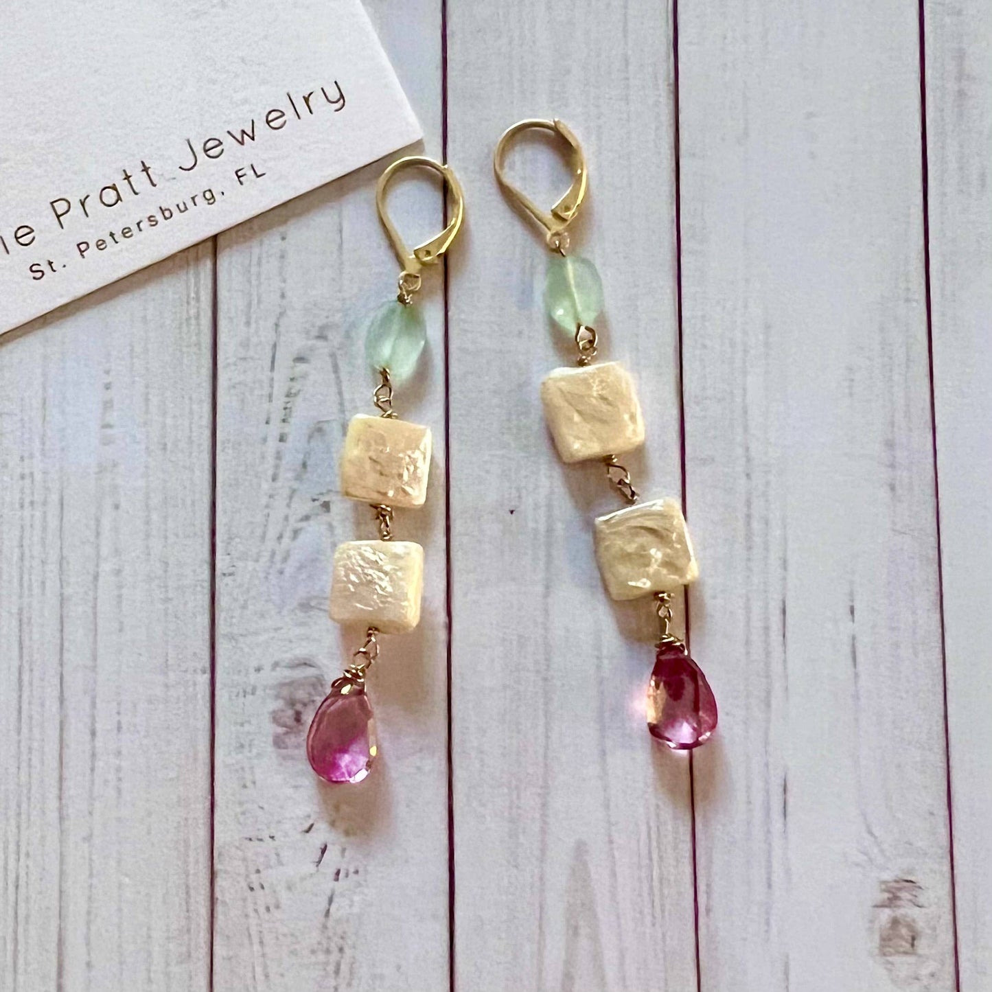 Showgirl pearl and gemstone dangle earrings