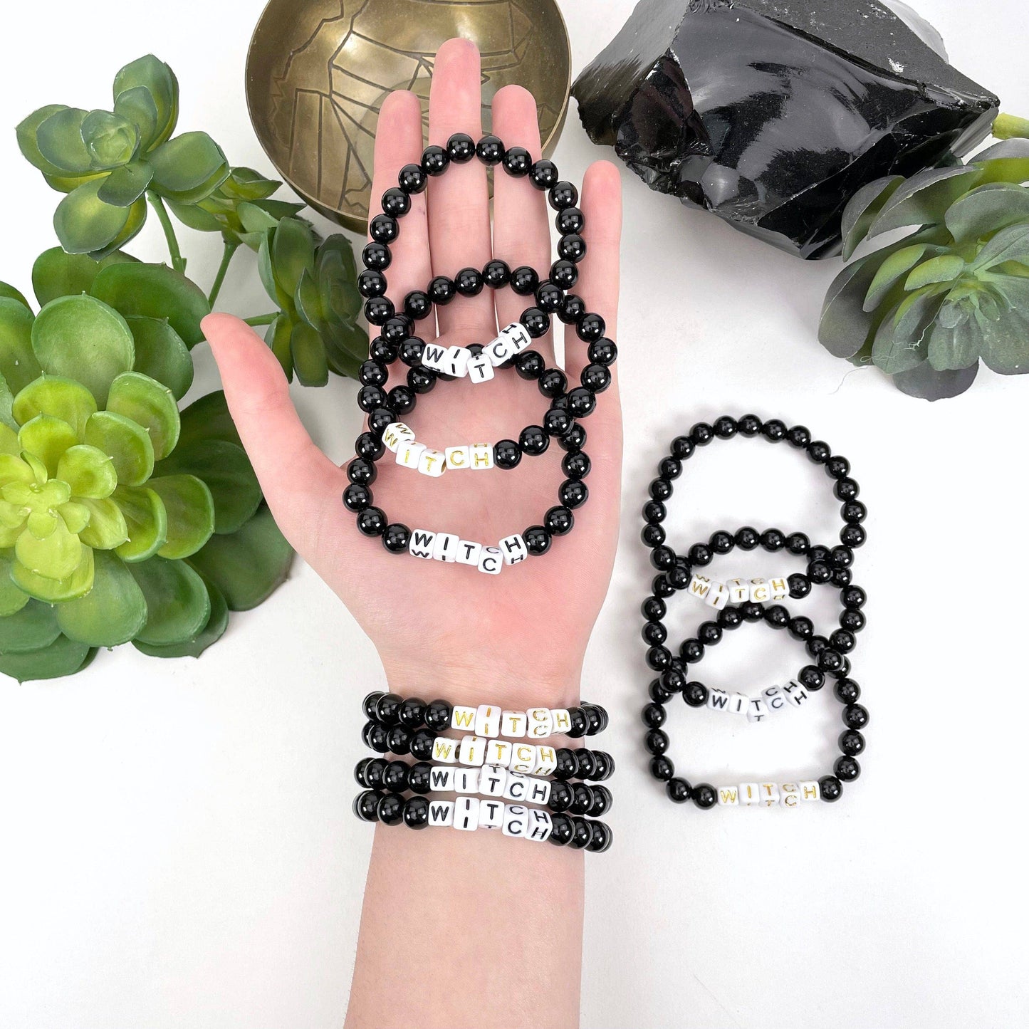 Black Obsidian Beaded Bracelet with "WITCH" Letter Beads - B: B - White Bead Gold Lettering