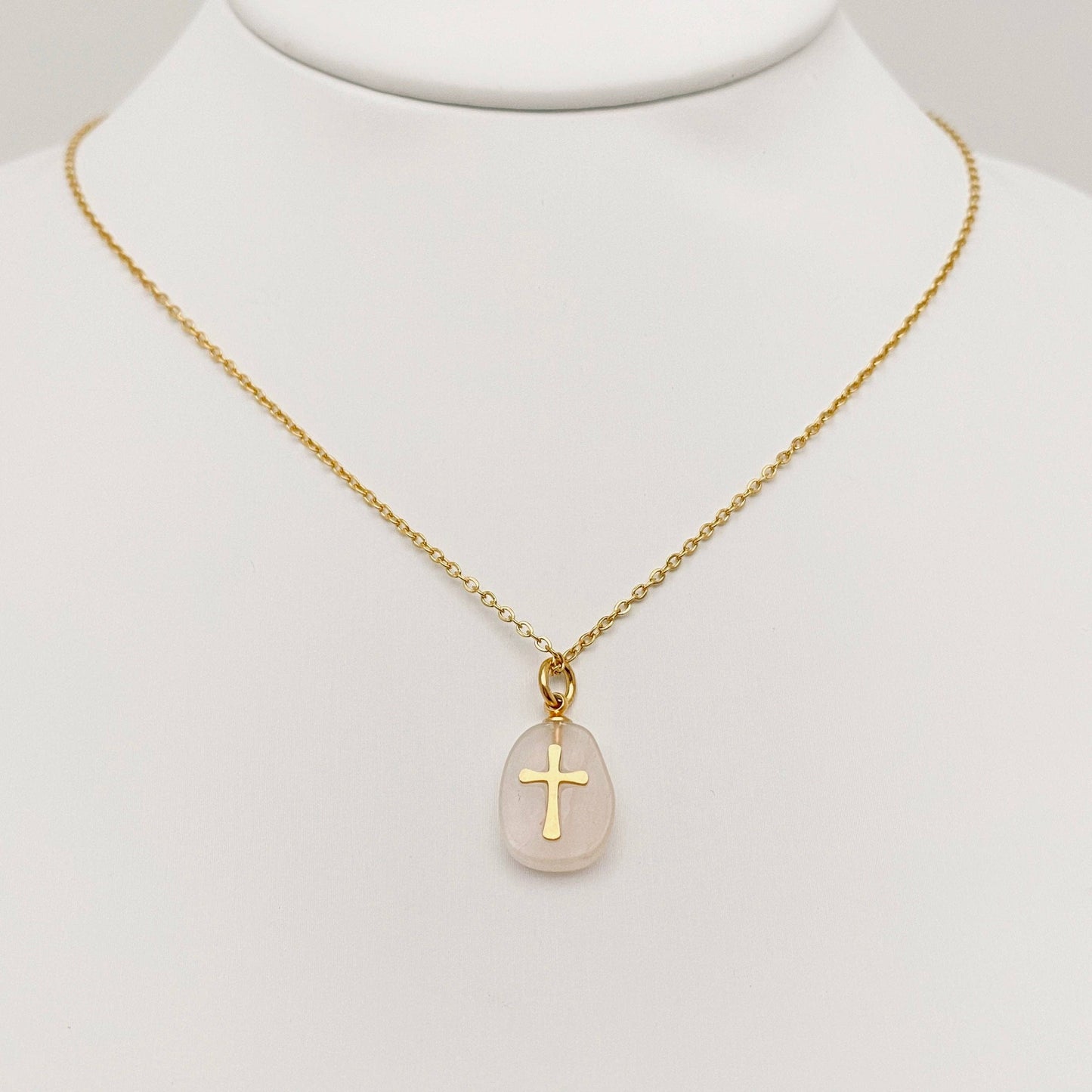 Natural Stone Stainless Steel Cross Pendant Necklace