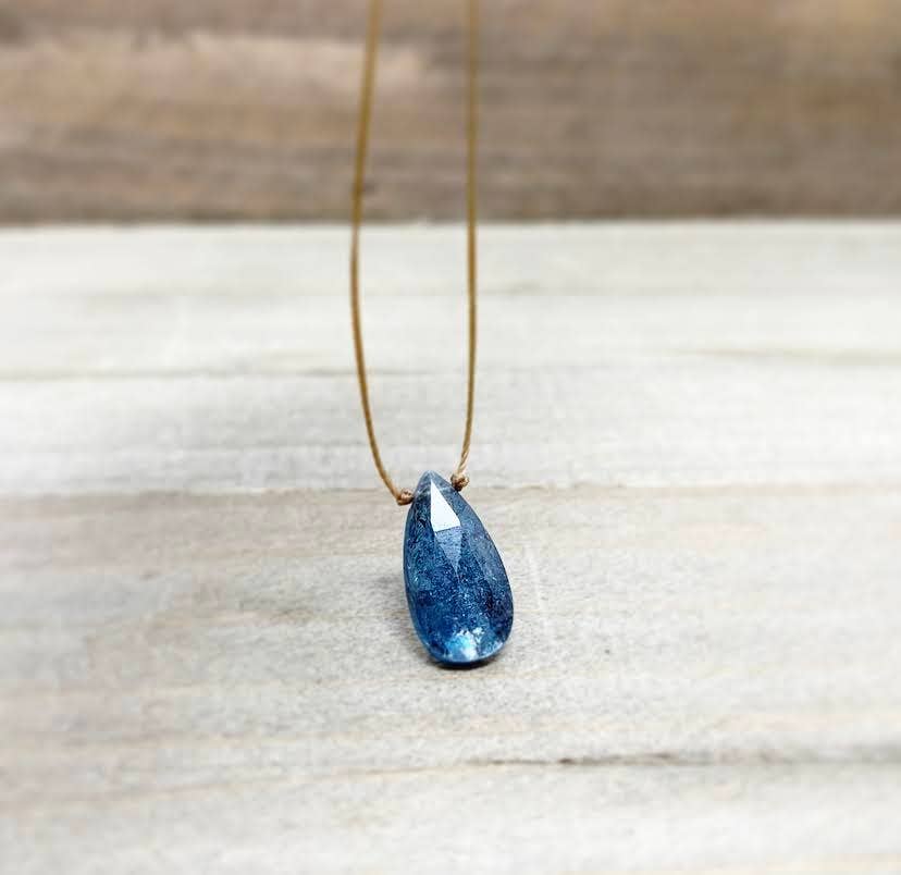 Teal Moss Kyanite Faceted Teardrop Necklace: 20 inches