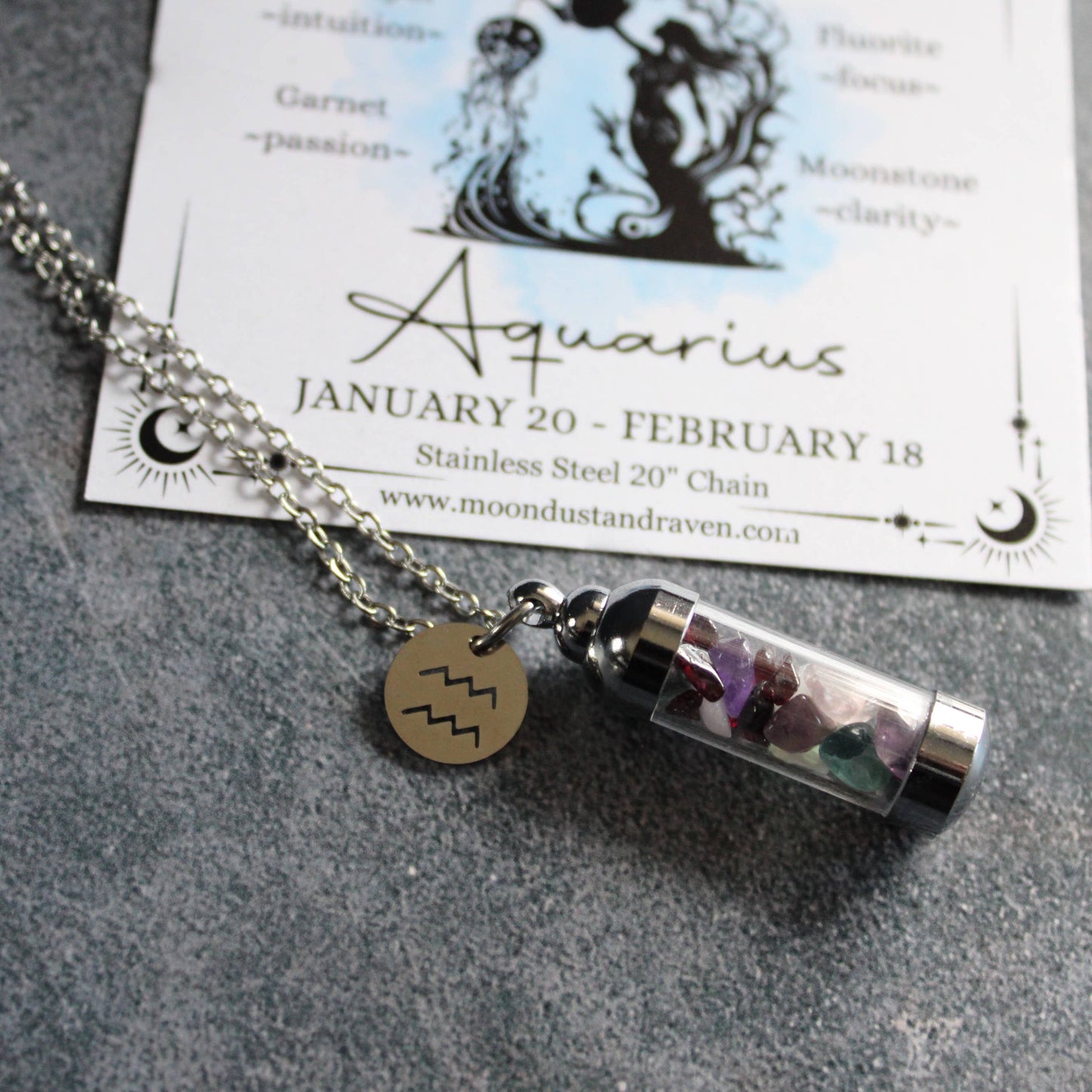 Aquarius Crystal Vial Necklace, Zodiac Astrology Witchy Gift