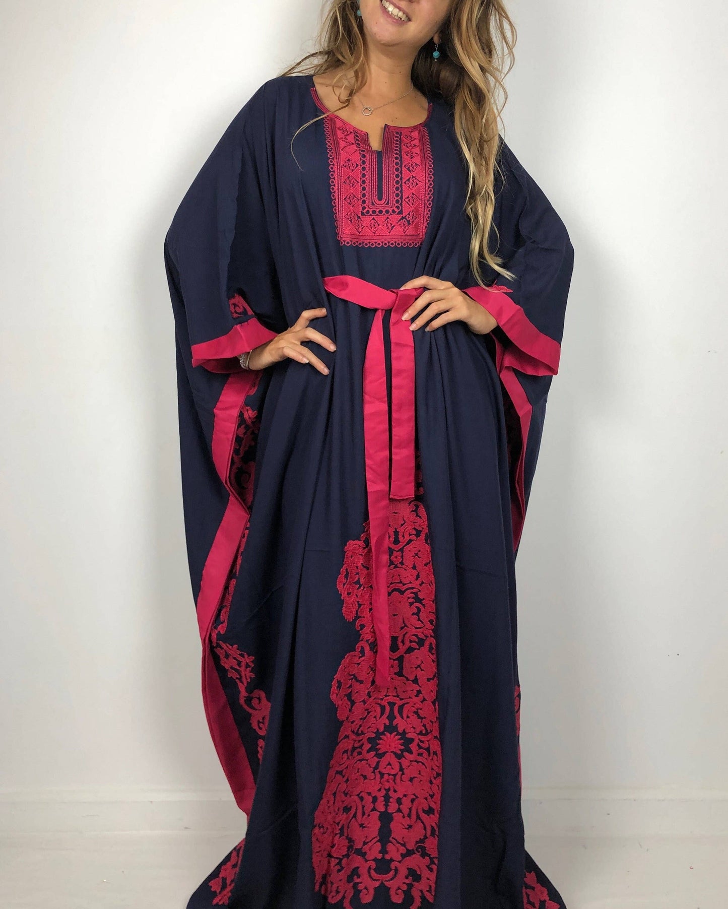 Elegant Navy Blue Butterfly Embroidered Plus Size Kaftan