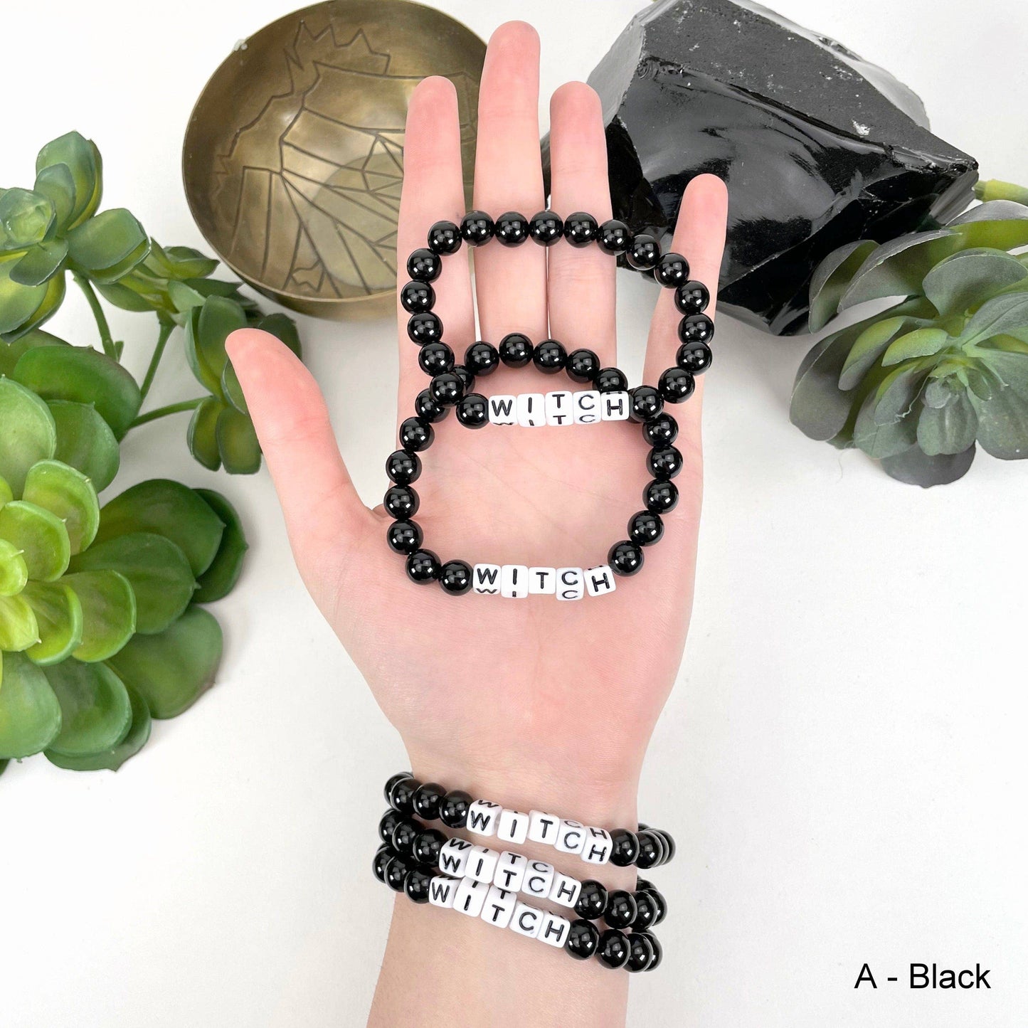 Black Obsidian Beaded Bracelet with "WITCH" Letter Beads - B: B - White Bead Gold Lettering