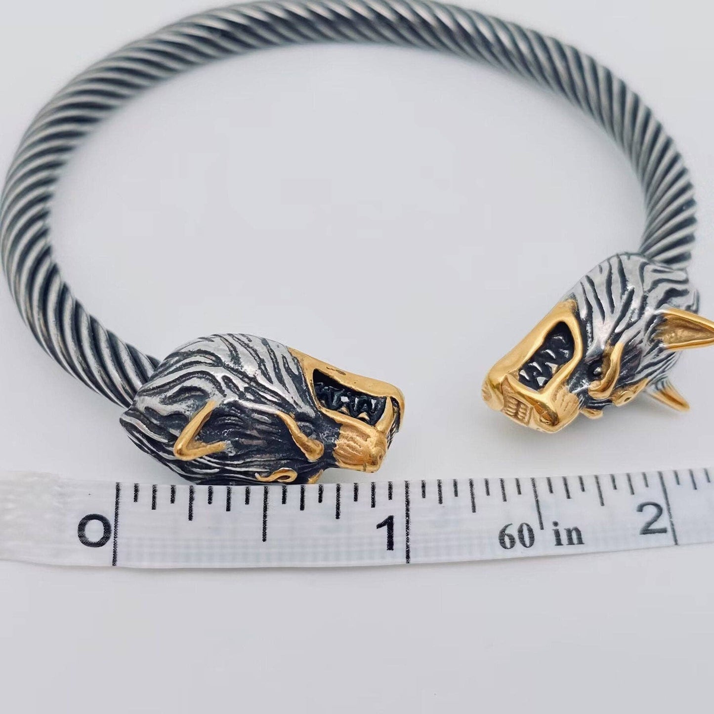 Viking Double Wolf Head Men's Stainless Steel Bangle - MJ/BC: Steel color