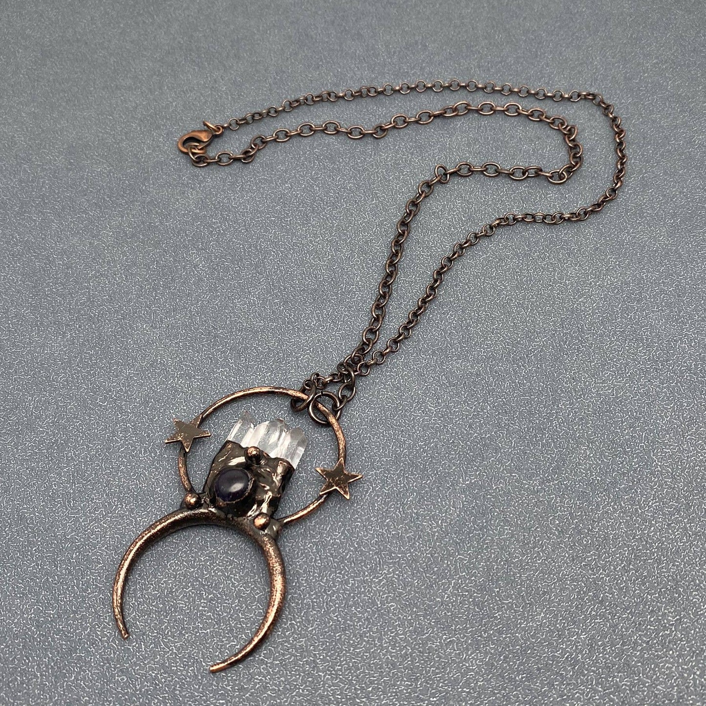 White Crystal & Amethyst Star Moon Charm Necklace