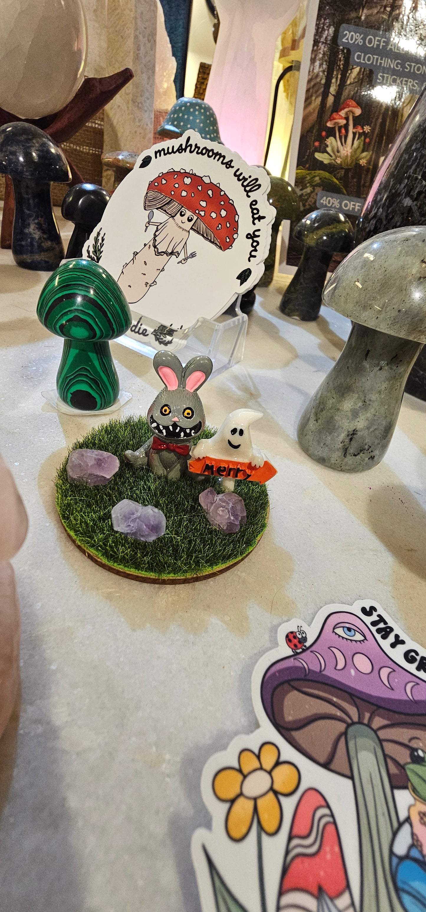 Labubu display with grass and crystals-various