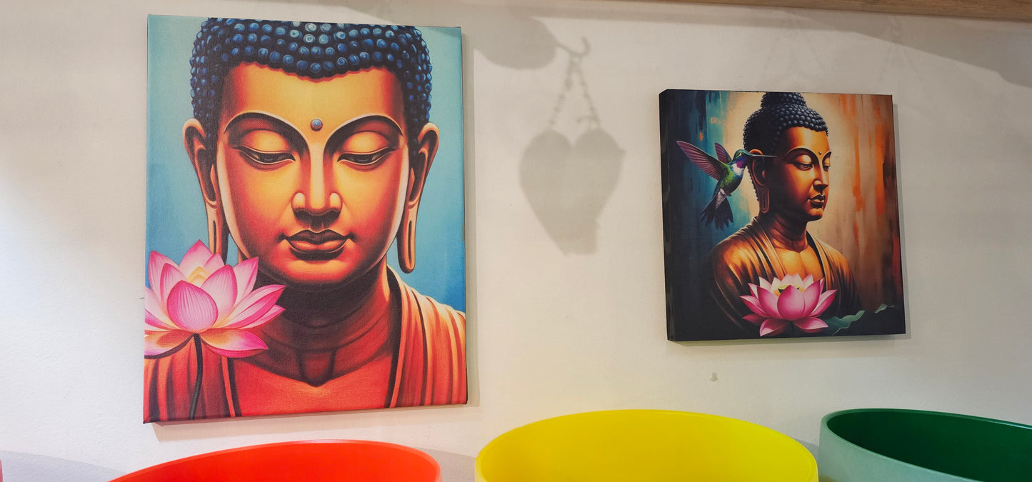 Buddha Painting with Hummingbird- wood frame 10X10