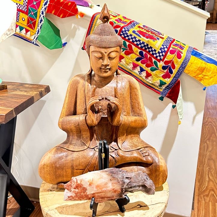 Wood Hibiscus Budda Seated in Overhang