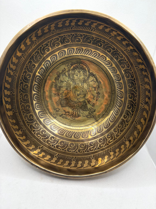 Tibetan Bowl Etched with Ganesh 9.5"