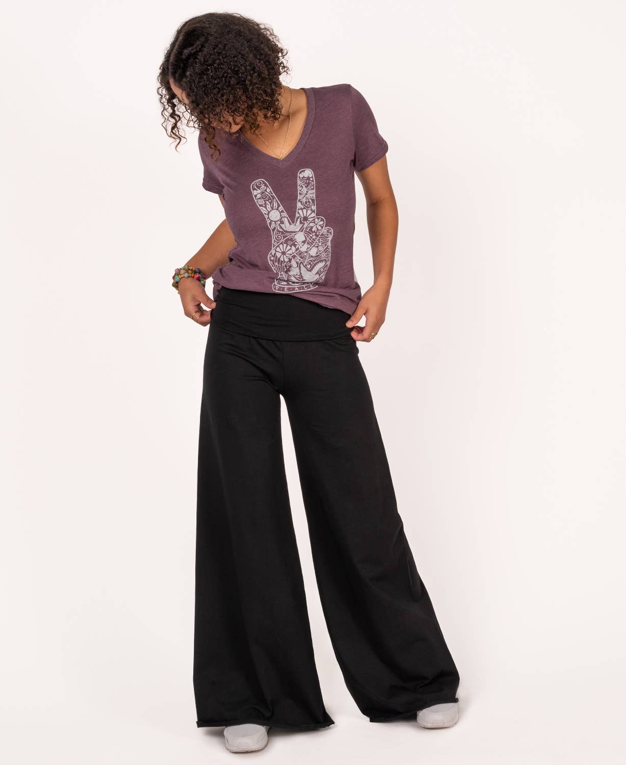 Peace Fingers V-Neck T-Shirt - Eco-Friendly Hippie Boho Tee: SM