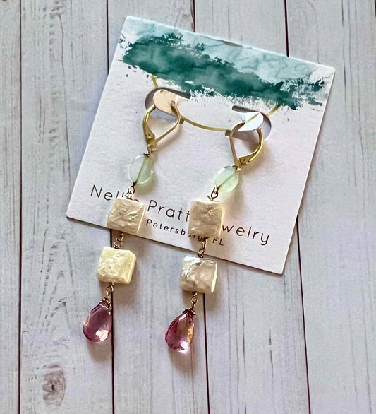 Showgirl pearl and gemstone dangle earrings