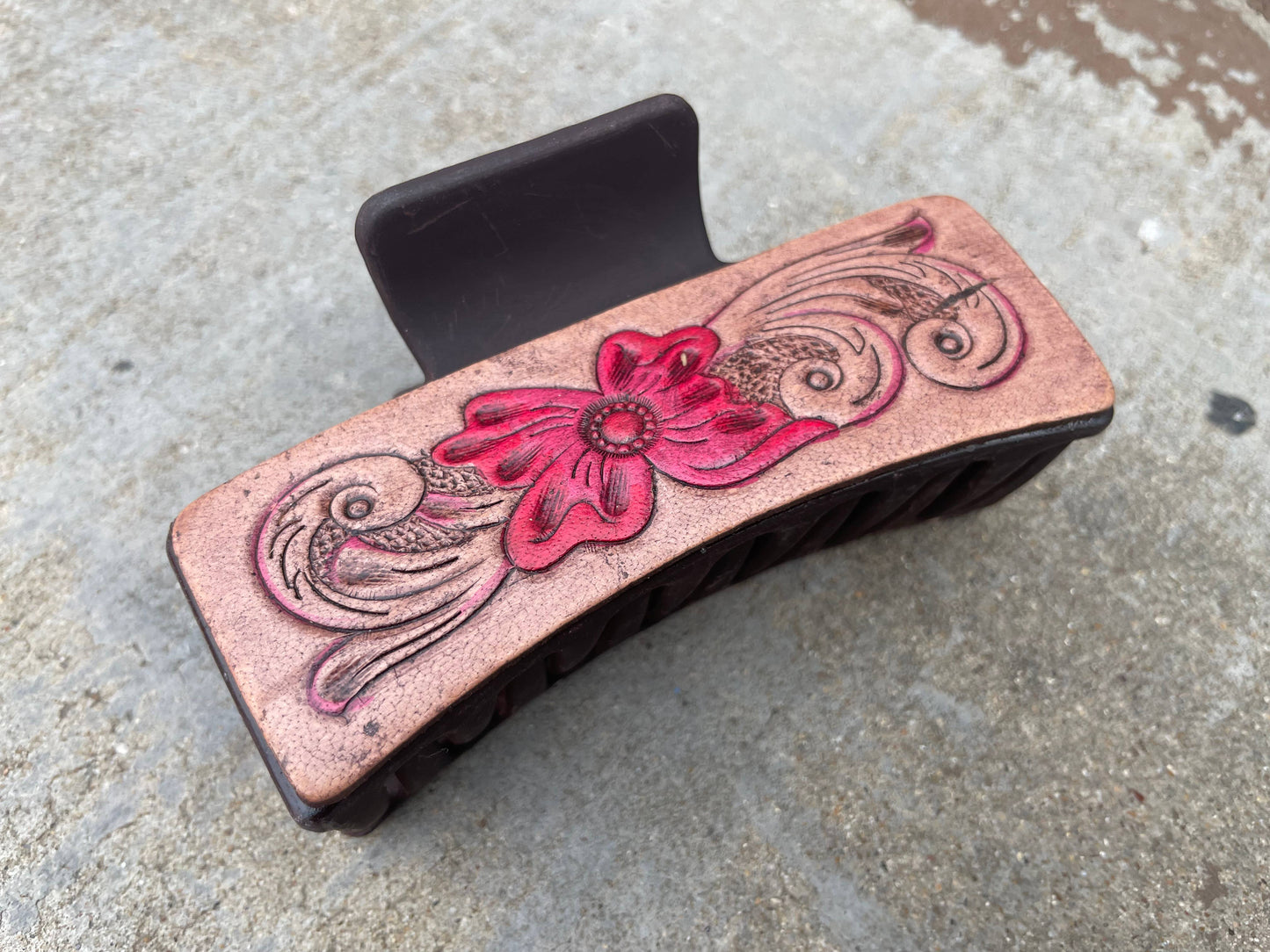 Floral Tooled leather Hair Claw Clips 4"