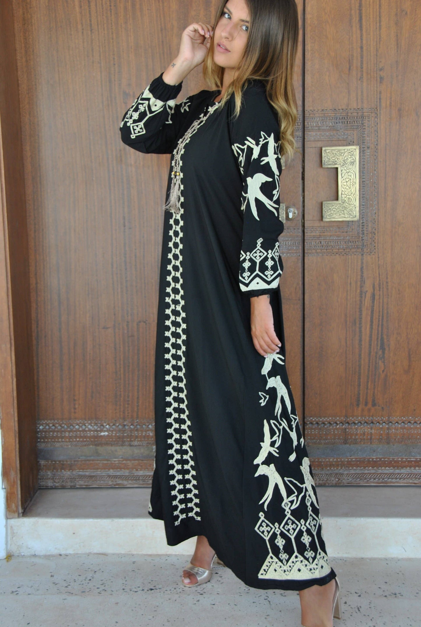 Black Flock of Birds Embroidered Caftan, Caftans for Women: 2X