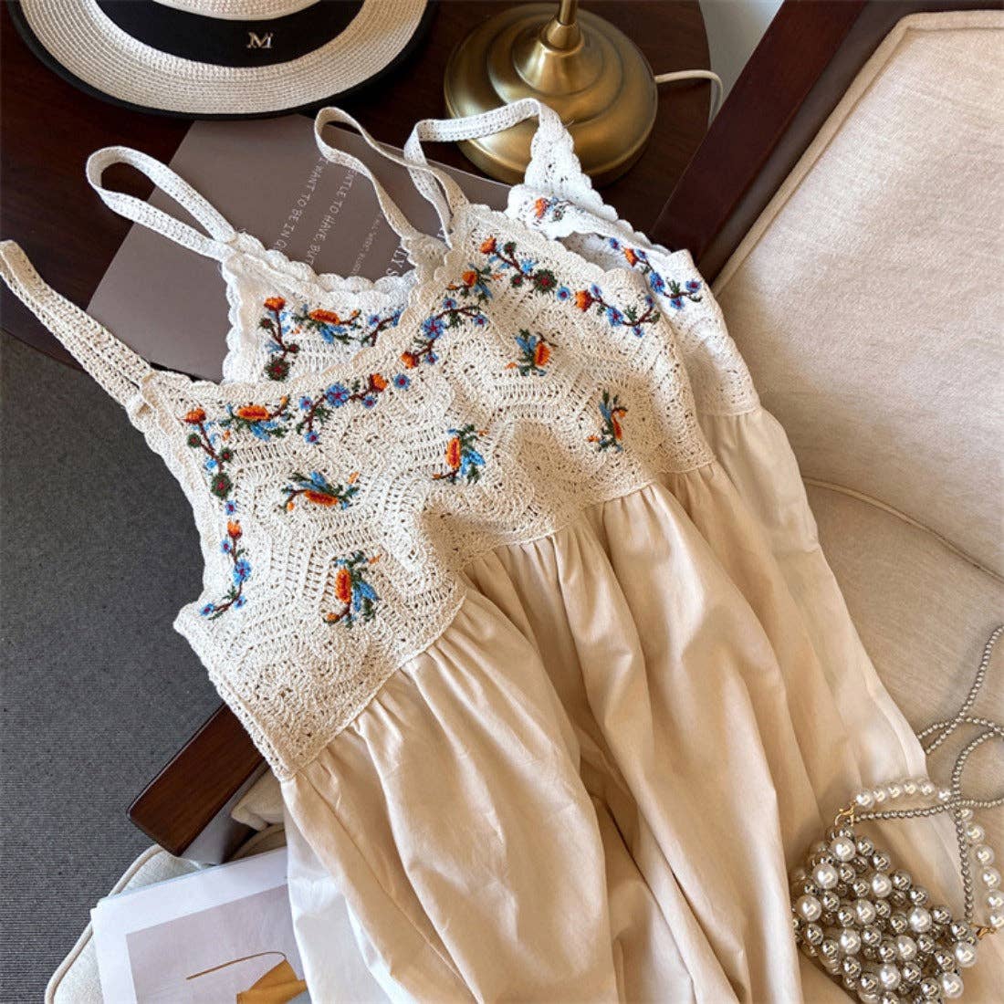 Crosa - Bohemian Style Midi Dress: WHITE / AVERAGE