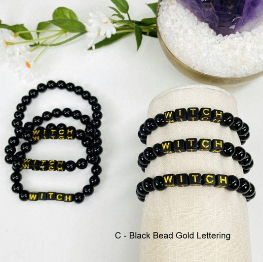 Black Obsidian Beaded Bracelet with "WITCH" Letter Beads - B: C- Black Bead Gold Lettering