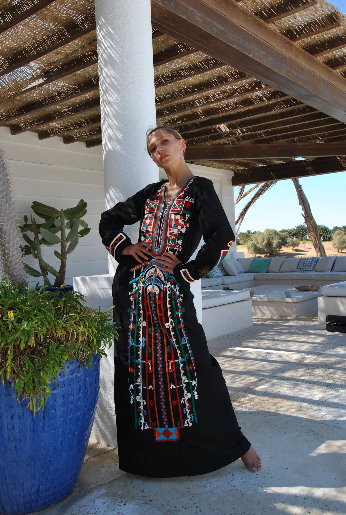 Siwa Black Embroidered Cotton Caftan with Pocket