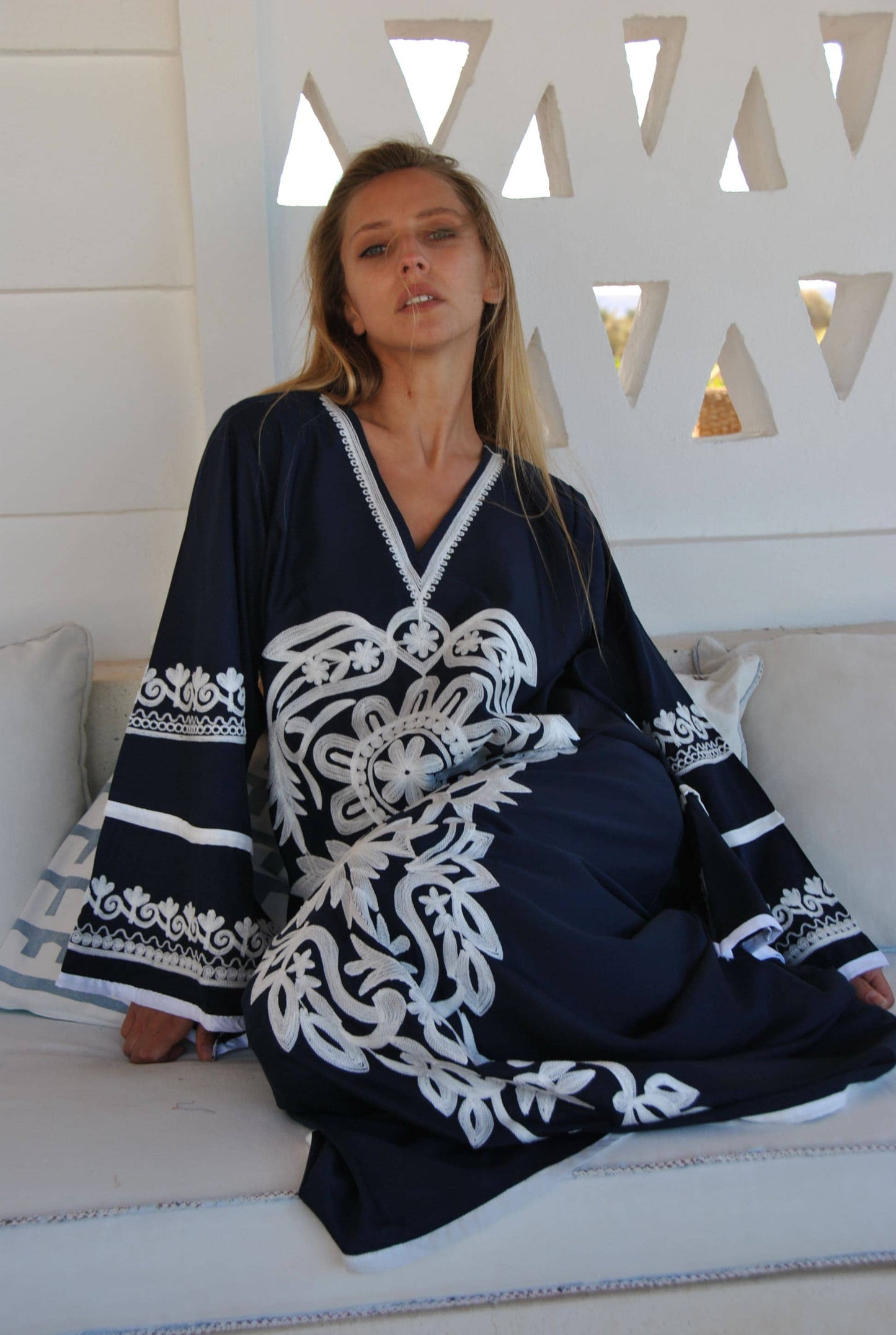 Stunning Navy Blue Embroidered Caftan, Wide Sleeve Caftan: S