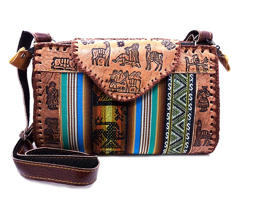 Large Tribal Peruvian Leather Material Crossbody Purse Bag